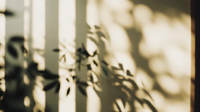 Sunlight projecting natural leafy patterns and vertical blinds shadows on a bright wall, forming an abstract composition capturing peaceful atmosphere and the beauty of light