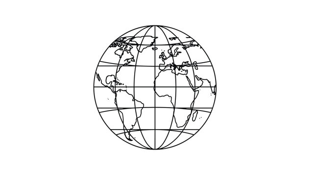 Simple black line drawing of the planet earth showing continents and latitude and longitude grid lines on a white background.