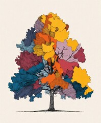 Abstract illustration of tree with patchwork of colorful textured leaves on light background