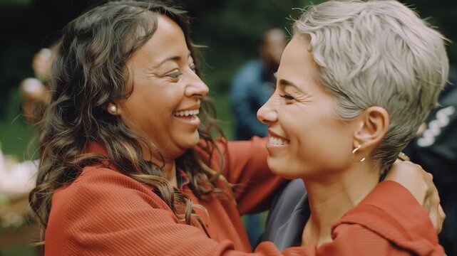 Happy close-up of two women embracing and sharing a laugh, showcasing a heartwarming display of true friendship in a natural outdoor setting