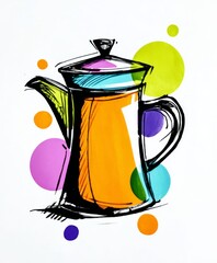 Abstract teapot illustration with colorful circles and bold outlines, ideal for kitchen decor or art projects