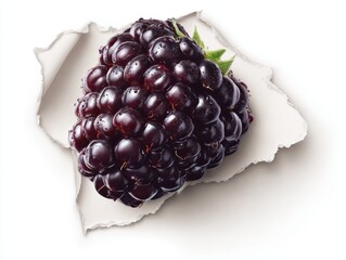 Fresh ripe blackberries peeking through torn white paper, showcasing natural texture and deep color