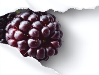Juicy blackberries peeking from a torn paper edge, perfect for natural food and fresh berry concepts