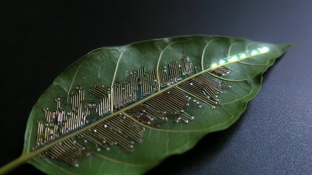 Futuristic green computing with holographic screens concept. A leaf integrated with intricate circuit designs symbolizes eco-friendly technology.