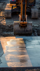 Excavator digging and leveling soil at a construction site.