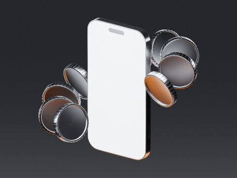 3D smartphone with floating coins representing mobile wealth management and digital banking profit growth