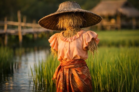 Fashionable Thai scarecrow in traditional silk clothing in rice field