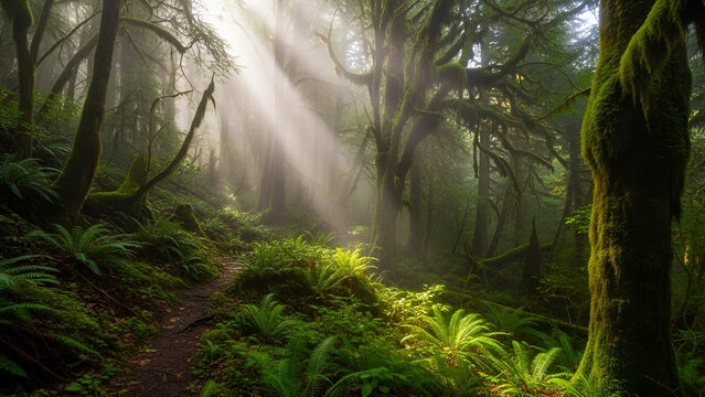 Lush green temperate rainforest scene features dramatic shafts of sunlight piercing through a thick misty canopy illuminating vibrant ferns along a winding forest path