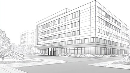 Modern office building exterior with glass facade.