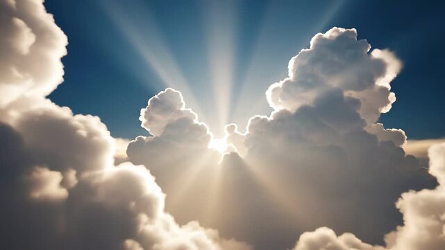 Sunbeams through fluffy white clouds in serene heavenly atmosphere with soft natural lighting for spiritual backgrounds