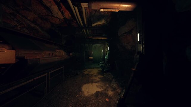 dark underground tunnel with pipes, damp concrete walls, scattered debris, flickering fluorescent casting green reflections on puddles, atmosphere of decay