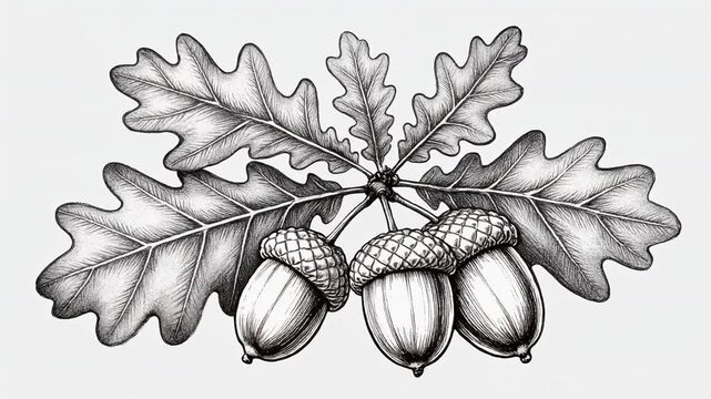 Elegant monochrome drawing showcasing oak branches with detailed acorns and leaves