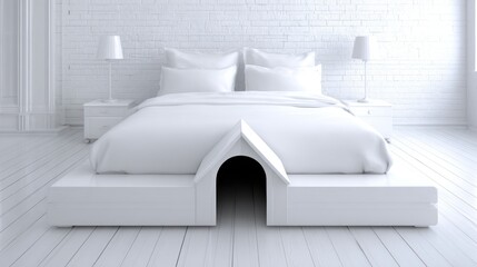 Modern white bedroom with dog tunnel.