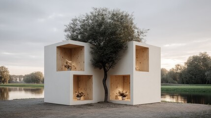 Modern White Cube Sculpture with Fire in Outdoor Setting.