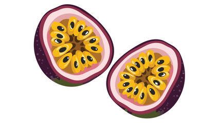Fototapeta premium Vibrant tropical passion fruit halves with juicy golden pulp and dark seeds, showcasing a refreshing and exotic flavor profile against a clean white