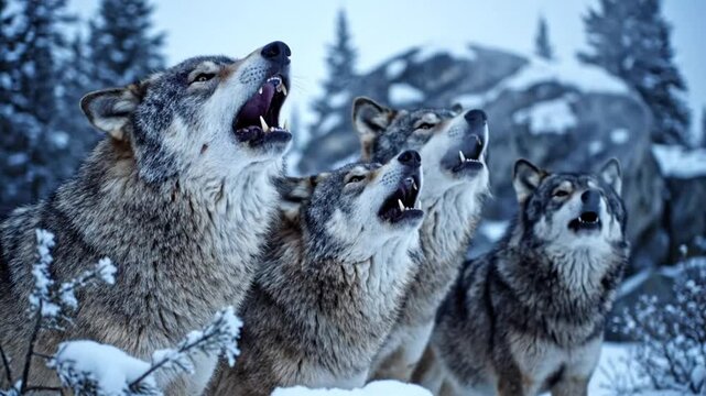 Four gray wolves howling together in the winter snowy forest with a natural soundscape for wildlife and nature