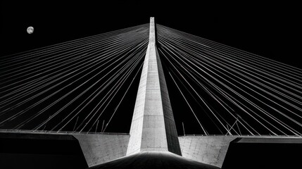 Monochrome Bridge Perspective with Suspended Cables and Pylon.