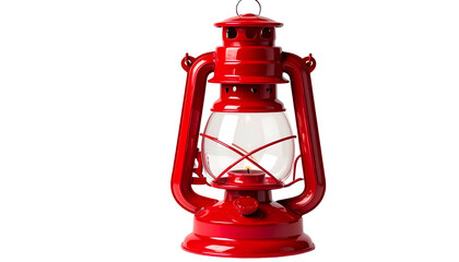 A classic, red, oil-burning lantern with a clear glass enclosure and a lit candle