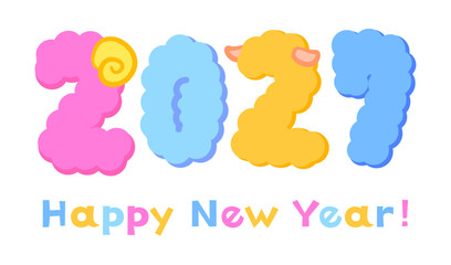 2027年未年年賀状用の羊のツノと耳のついたふわふわ毛皮の文字とHappy New Year!のカラフル文字デザイン