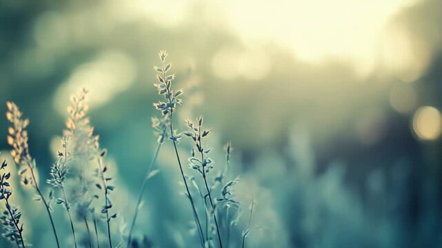 Delicate wild grass creating a soft natural background, feeling serene and tranquil with bokeh highlights providing a warm and dreamy atmosphere at sunrise or sunset