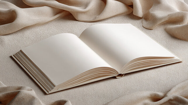 An open book rests on a textured surface, pages blank and ready for content