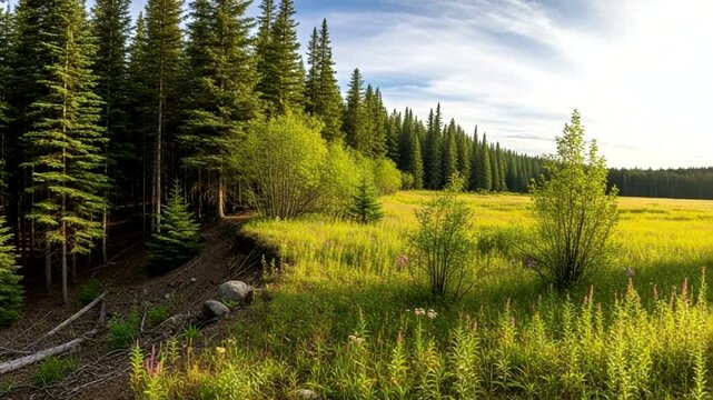 Serene forest landscape with vibrant greenery and sky
