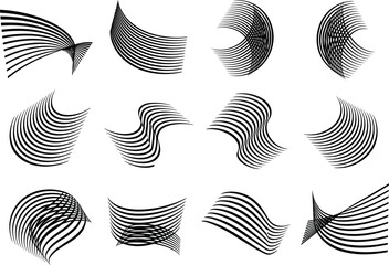 Set of abstract curved and flowing ribbon-like shapes created from parallel lines, modern design elements