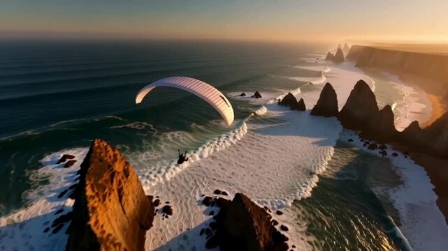 A paraglider soars above rugged coastal cliffs and crashing waves at sunset, enjoying a breathtaking scenic flight.