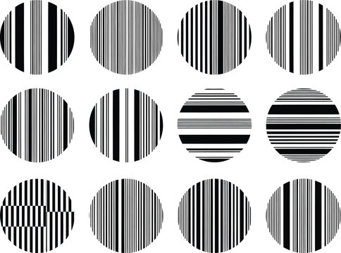 Abstract circular patterns with vertical and horizontal line variations, resembling bar codes or optical illusions