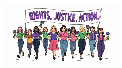 Obraz premium Women Marching for Rights and Justice Cartoon Scene