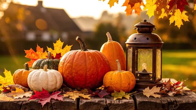 Festive autumn display featuring pumpkins, fall leaves, and a lit lantern on a rustic wooden table under warm sunlight