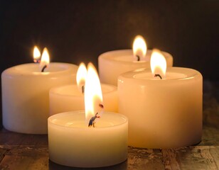 Soft white candles with lit wicks on a wooden surface