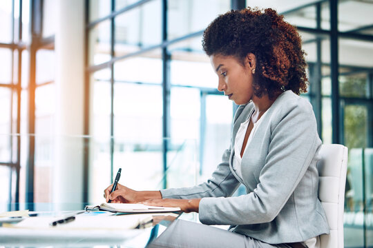 Businesswoman, planning and writing in office with notebook, admin and goal setting for audit schedule. Corporate, person and diary in workplace for agenda, calendar management and accounting notes.