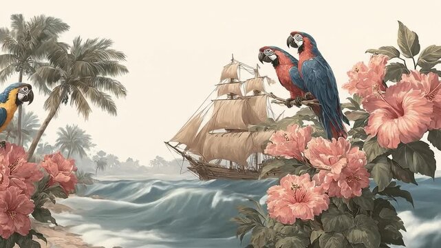 Colorful parrots sailing ship on floral background vintage illustration
