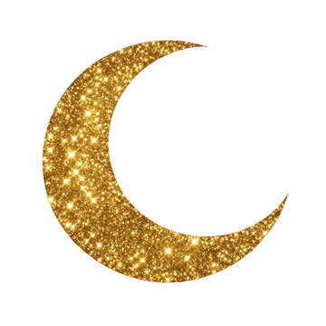 Golden glittering crescent moon shape isolated