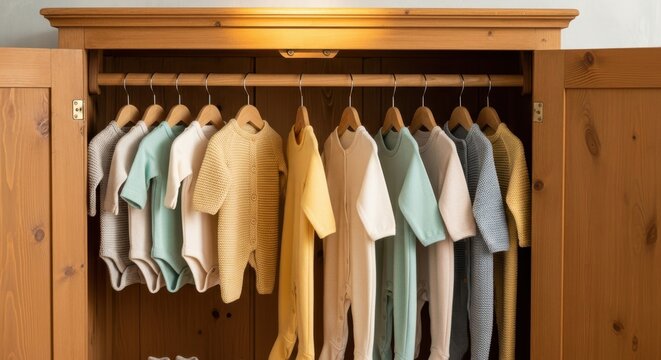 Row of soft pastel colored newborn sleepsuits and bodysuits neatly organized inside a wooden wardrobe
