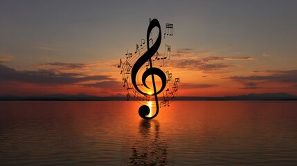 Music note at serene sunset lake.