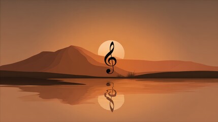 Musical note on serene lake landscape.