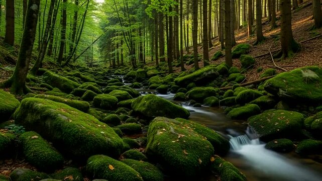 Serene forest stream flowing through mossy rocks
