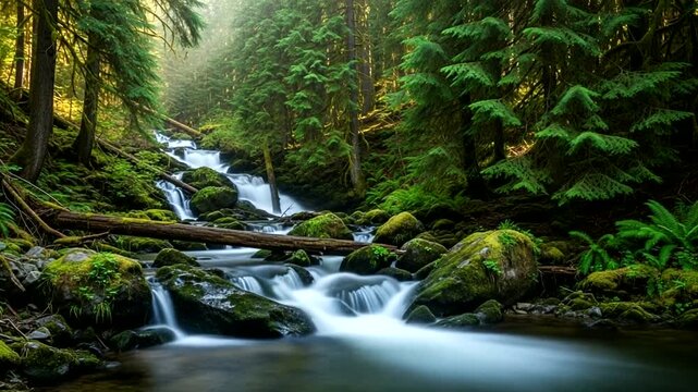 Serene Forest Stream Flowing Through Lush Greenery