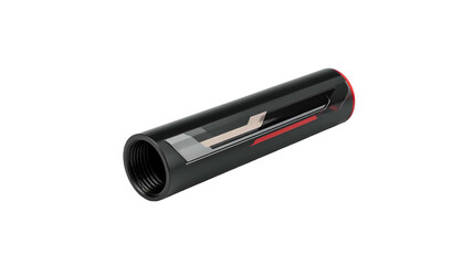 Cylindrical, dark object with red accents and internal threading on black background