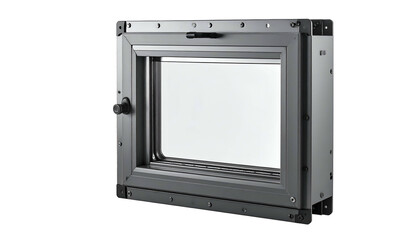A rectangular, metallic window with glass and a black handle against a dark backdrop