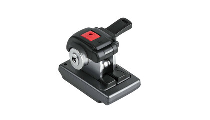 A black and silver industrial mechanism with a lever and red button, on a dark backdrop