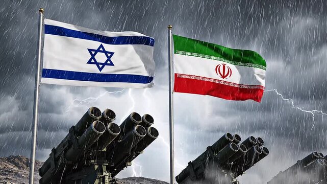 Israel and Iran flags above missile launchers in storm.
