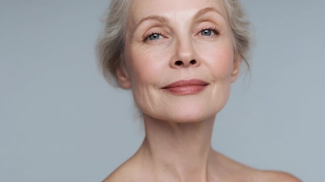 Transition from young to older woman concept. The image features an older woman with elegant features and a serene expression.