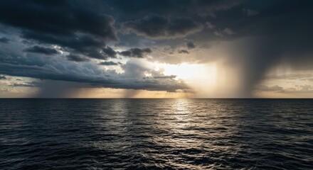 Obraz premium A stormy sea scene with heavy rain streaks, dramatic clouds, and sunlight breaking through