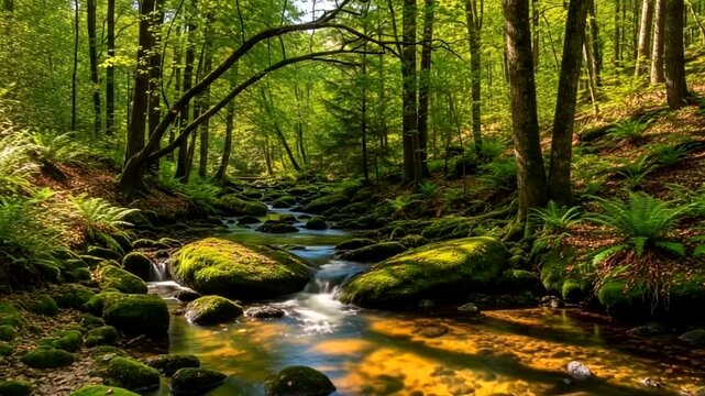 Serene Forest Stream Surrounded by Lush Greenery