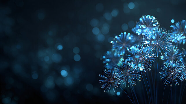 A captivating display of luminous blue fireworks, exploding against a dark background, creating a mesmerizing spectacle. The blurred bokeh effect adds depth to this visual art.