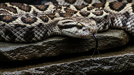 Obraz premium Close-up Portrait of a Venomous Viper Resting on Dark Wet Rocks, Emphasizing Camouflage Pattern