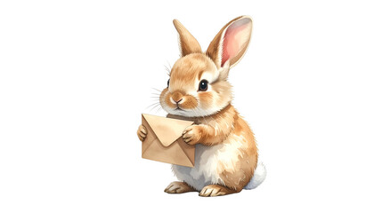 Obraz premium A charming watercolor-style bunny, brown fur, holding an envelope, black background